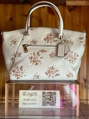 Coach Prairie Floral Pebbled Leather Satchel Chalk Ivory Crossbody Bag